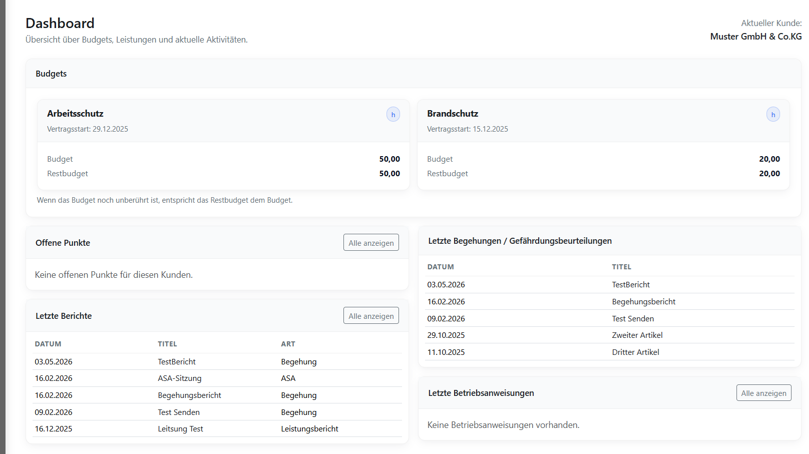 Dashboard des Jakobs Arbeitsschutz Portals mit zentralen Übersichten